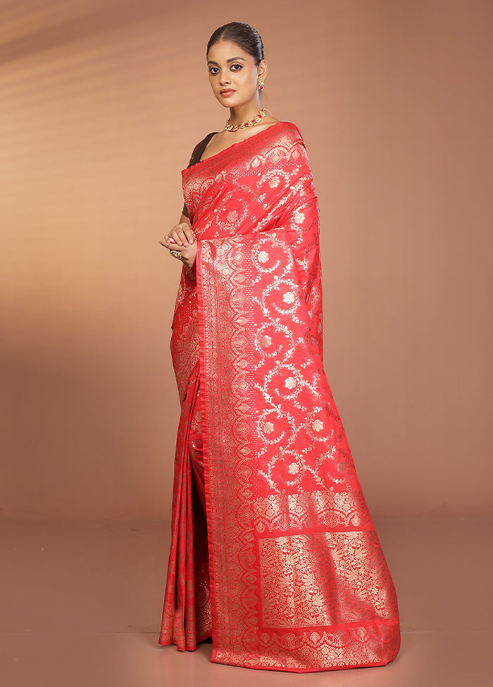 Red Banarasi Silk Saree With Blouse Piece