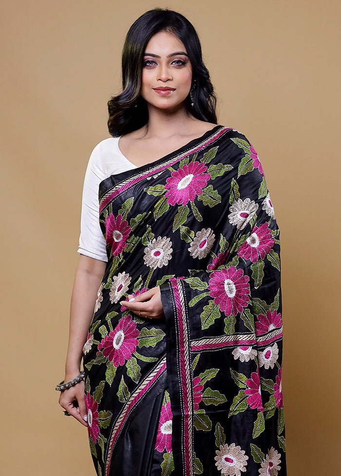 Black Handloom Kantha Stitch Pure Silk Saree With Blouse Piece