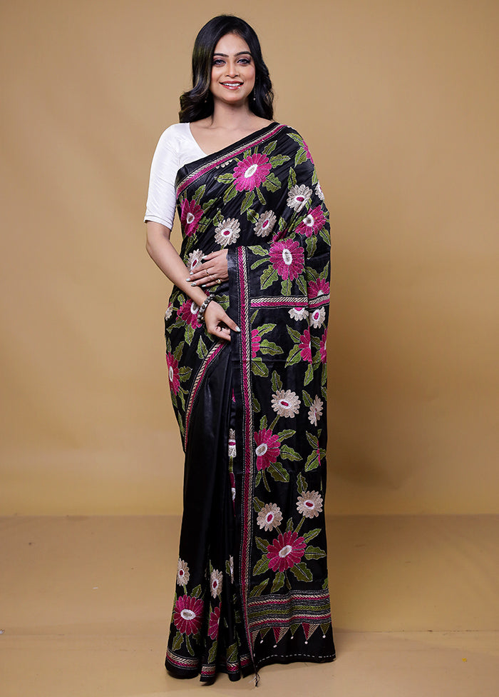 Black Handloom Kantha Stitch Pure Silk Saree With Blouse Piece