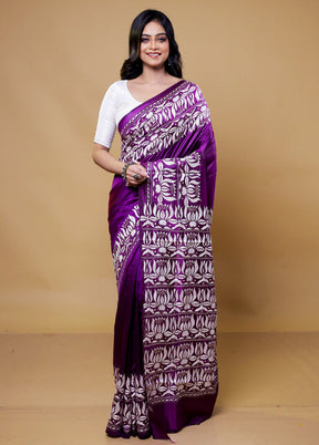 Purple Handloom Kantha Stitch Pure Silk Saree With Blouse Piece