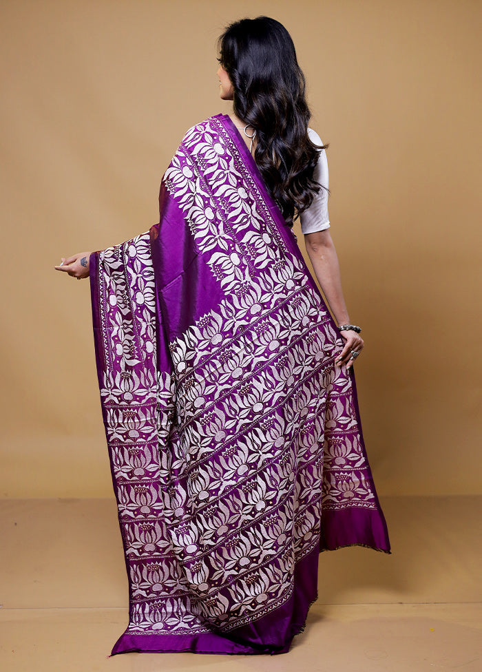 Purple Handloom Kantha Stitch Pure Silk Saree With Blouse Piece