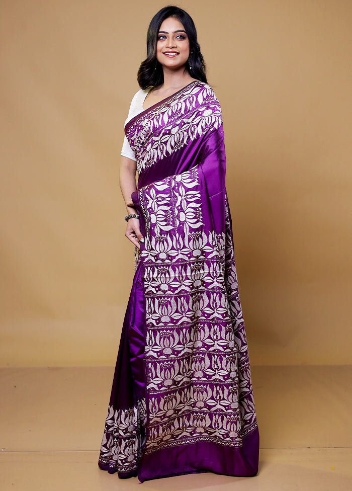 Purple Handloom Kantha Stitch Pure Silk Saree With Blouse Piece