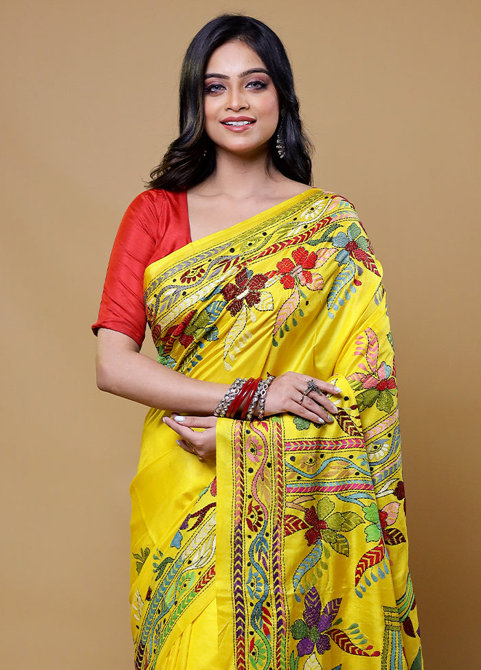 Yellow Handloom Kantha Stitch Pure Silk Saree With Blouse Piece