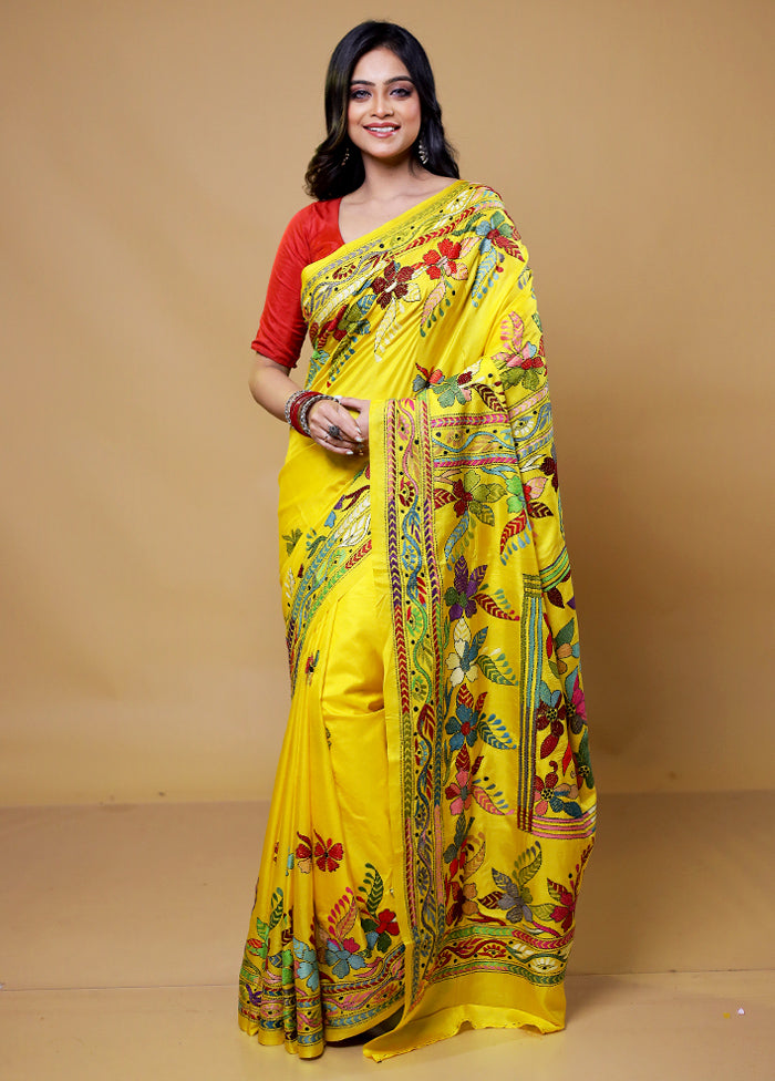 Yellow Handloom Kantha Stitch Pure Silk Saree With Blouse Piece