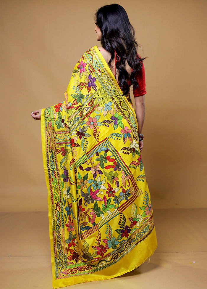 Yellow Handloom Kantha Stitch Pure Silk Saree With Blouse Piece