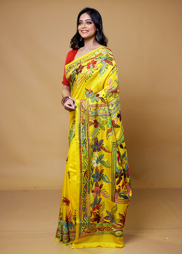 Yellow Handloom Kantha Stitch Pure Silk Saree With Blouse Piece