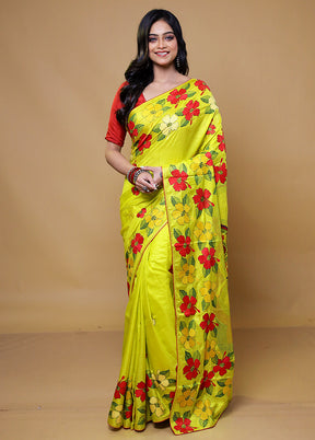 Yellow Handloom Kantha Stitch Pure Silk Saree With Blouse Piece