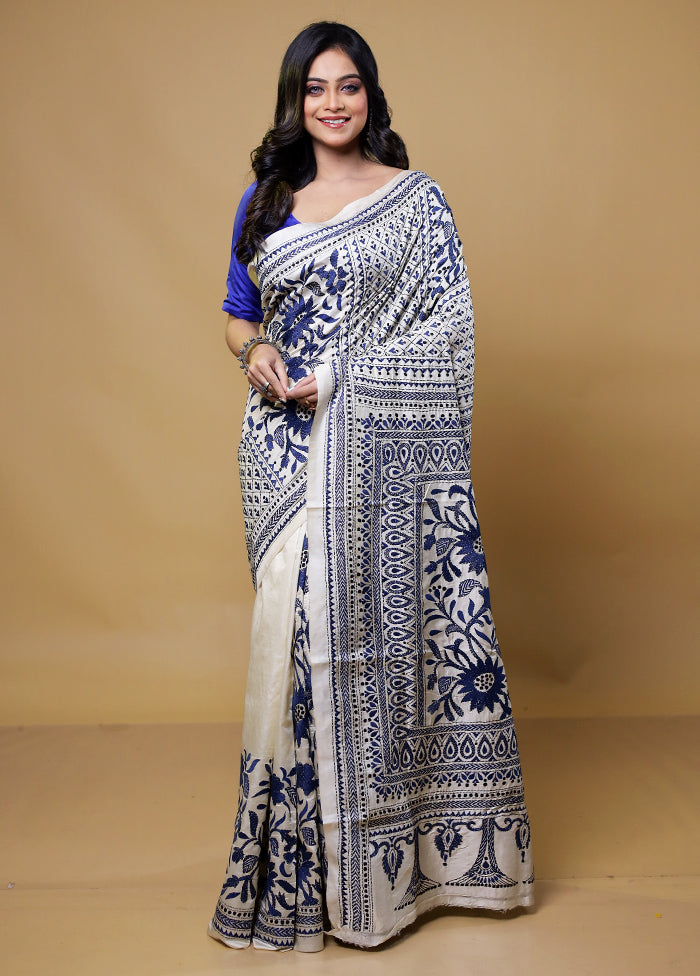 Cream Handloom Kantha Stitch Pure Silk Saree With Blouse Piece