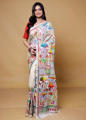 Cream Handloom Kantha Stitch Pure Silk Saree With Blouse Piece