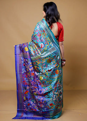 Blue Handloom Kantha Stitch Pure Silk Saree With Blouse Piece