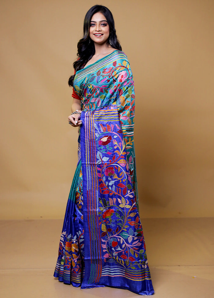 Blue Handloom Kantha Stitch Pure Silk Saree With Blouse Piece