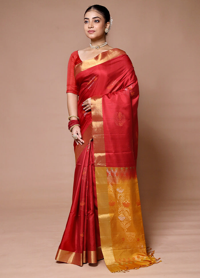 Red Handloom Kanjivaram Pure Silk Saree With Blouse Piece