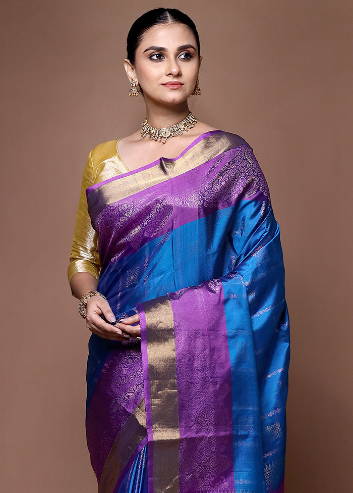 Blue Handloom Kanchipuram Pure Silk Saree With Blouse Piece