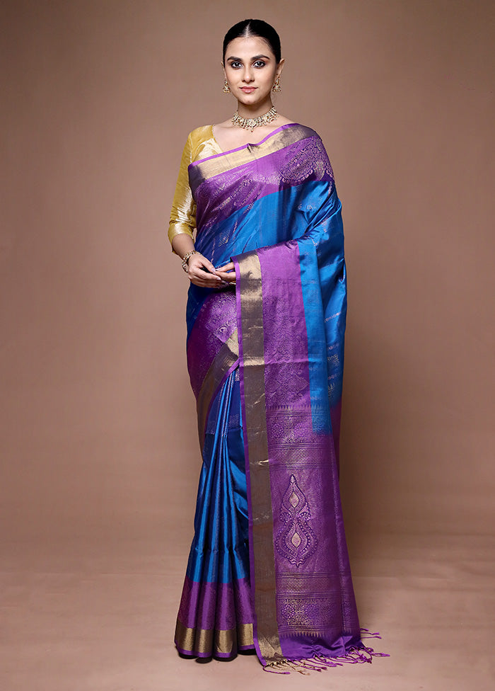 Blue Handloom Kanchipuram Pure Silk Saree With Blouse Piece