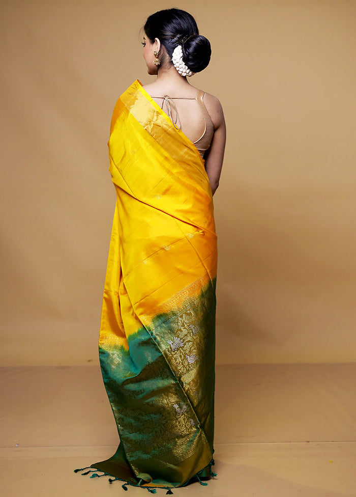 Yellow Handloom Kanchipuram Pure Silk Saree With Blouse Piece