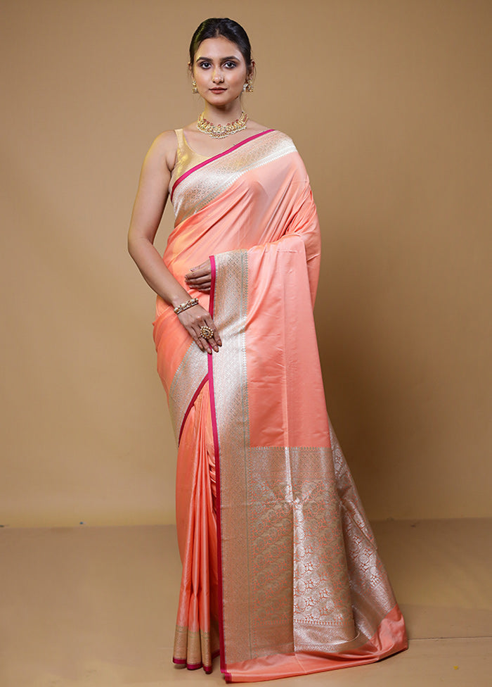 Peach Banarasi Silk Saree With Blouse Piece