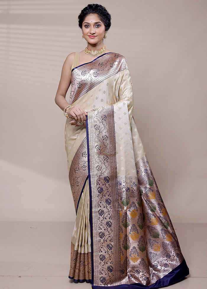 Cream Banarasi Silk Saree With Blouse Piece