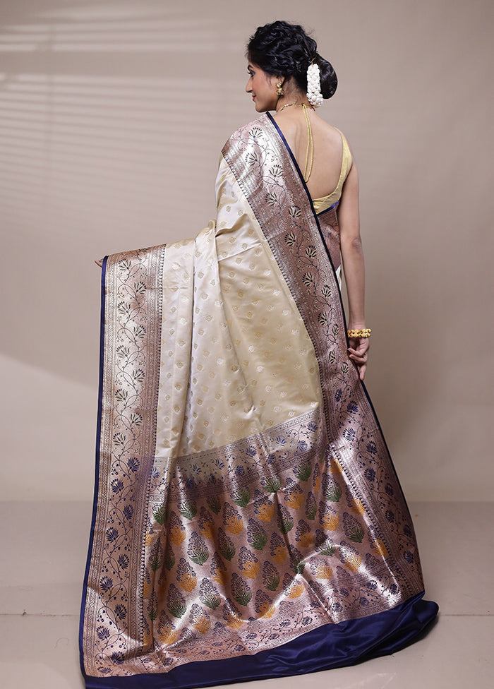 Cream Banarasi Silk Saree With Blouse Piece