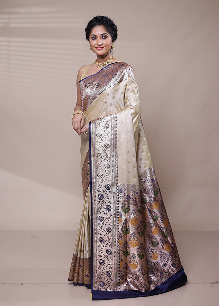 Cream Banarasi Silk Saree With Blouse Piece