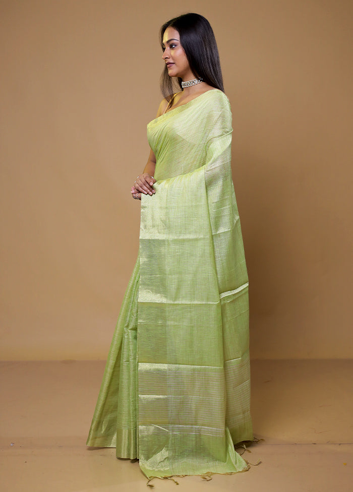 Green Linen Silk Saree With Blouse Piece