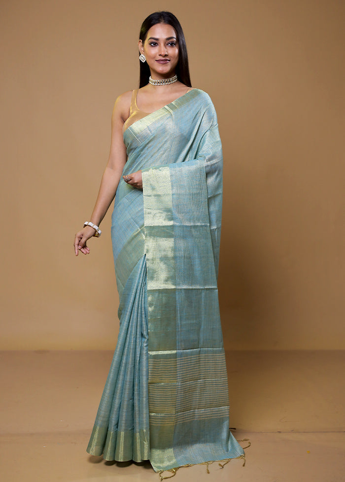 Blue Linen Silk Saree With Blouse Piece