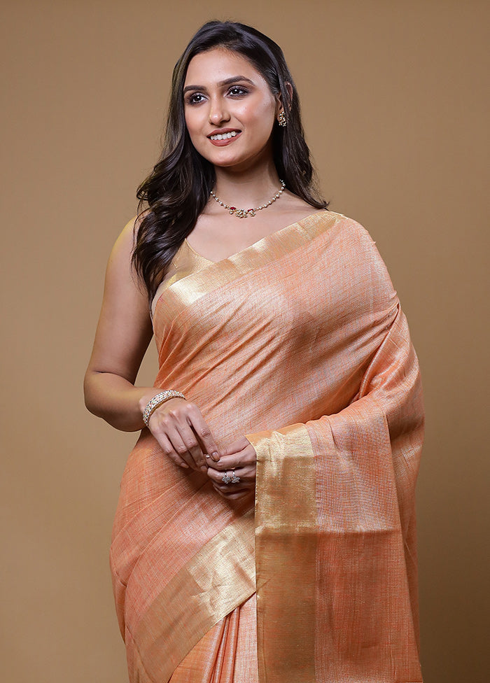 Peach Linen Silk Saree With Blouse Piece