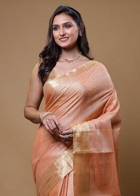 Peach Linen Silk Saree With Blouse Piece