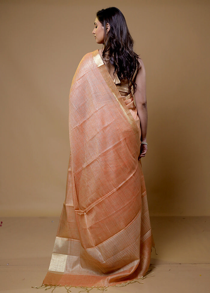 Peach Linen Silk Saree With Blouse Piece