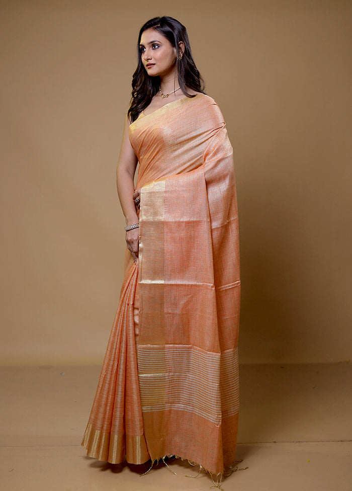 Peach Linen Silk Saree With Blouse Piece