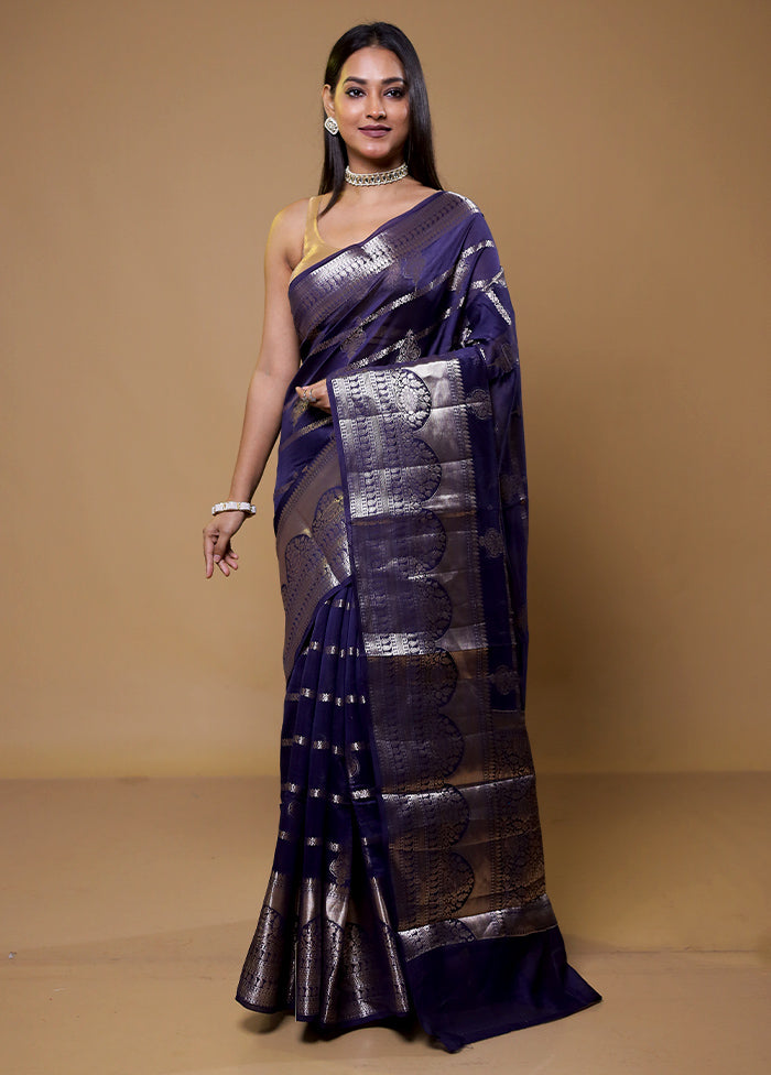 Blue Dupion Silk Saree With Blouse Piece