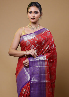 Red Dupion Silk Saree With Blouse Piece