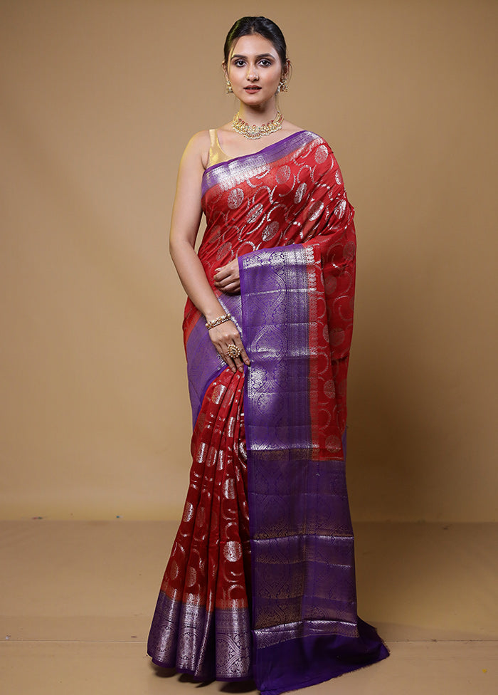 Red Dupion Silk Saree With Blouse Piece