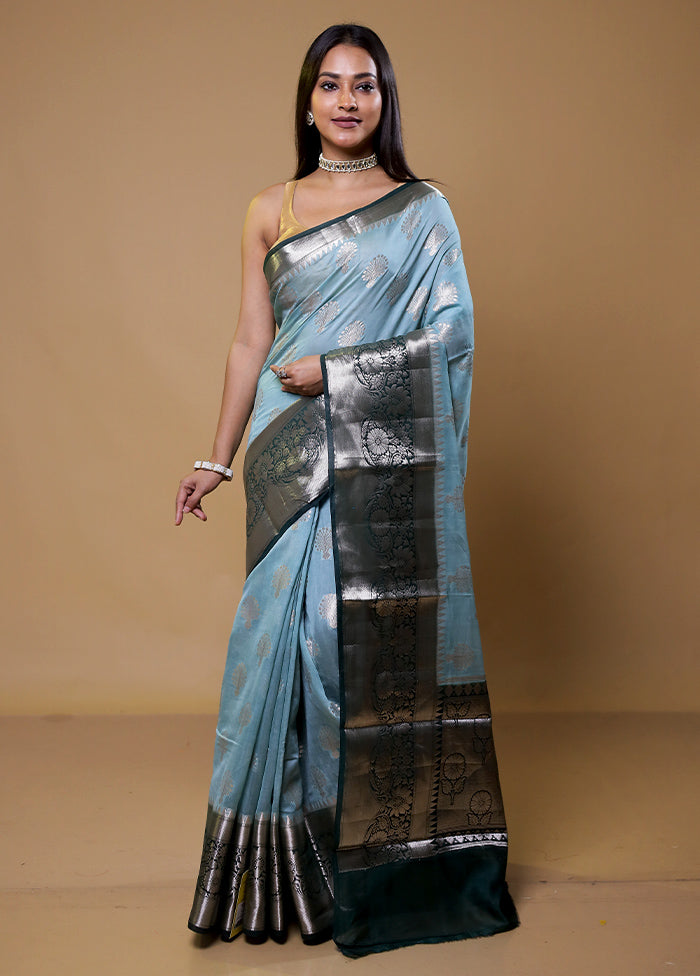 Blue Dupion Silk Saree With Blouse Piece