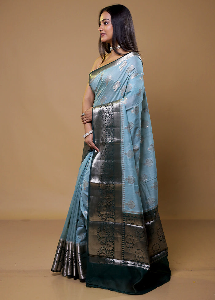 Blue Dupion Silk Saree With Blouse Piece