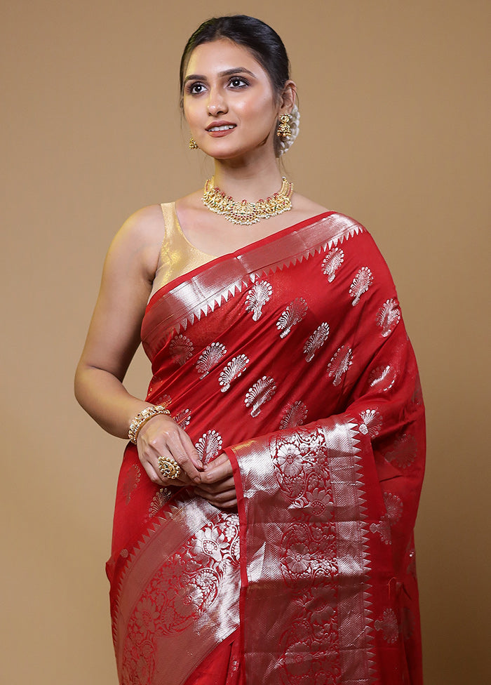 Red Dupion Silk Saree With Blouse Piece