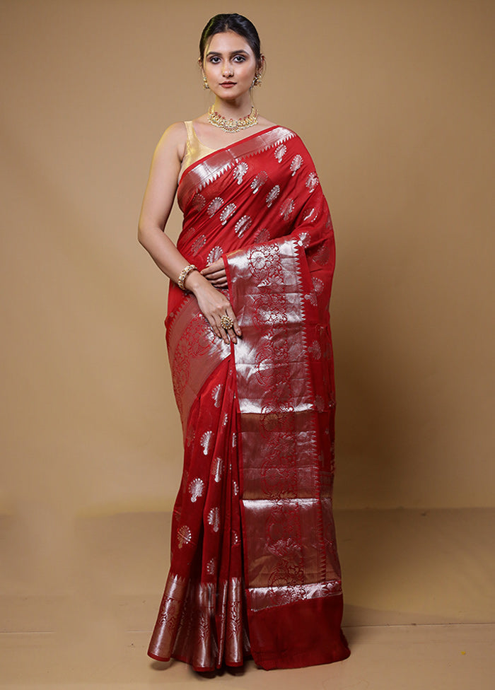 Red Dupion Silk Saree With Blouse Piece