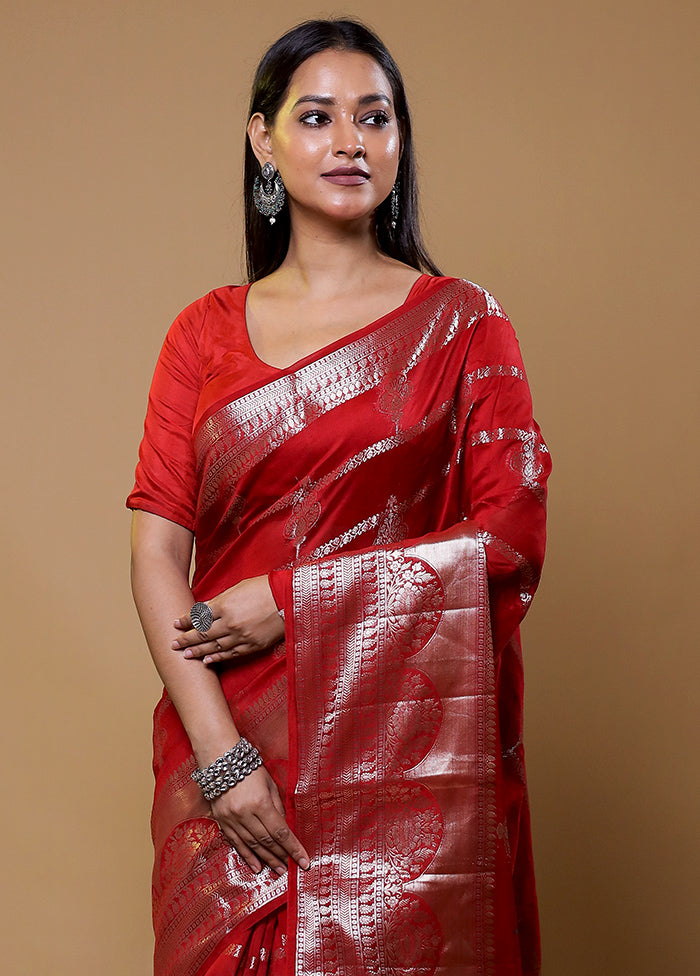 Red Dupion Silk Saree With Blouse Piece