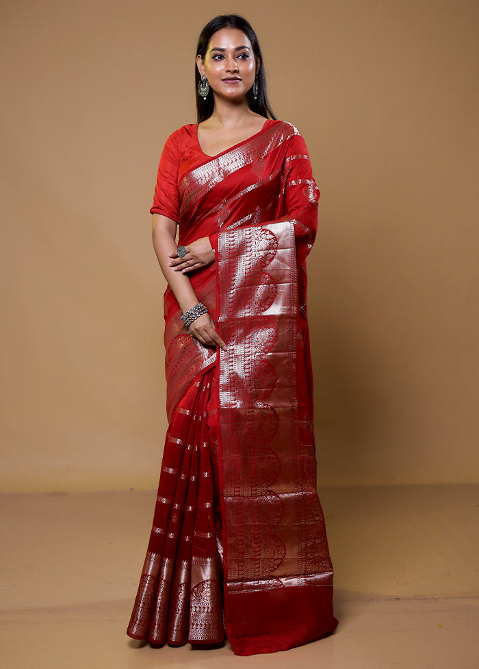 Red Dupion Silk Saree With Blouse Piece