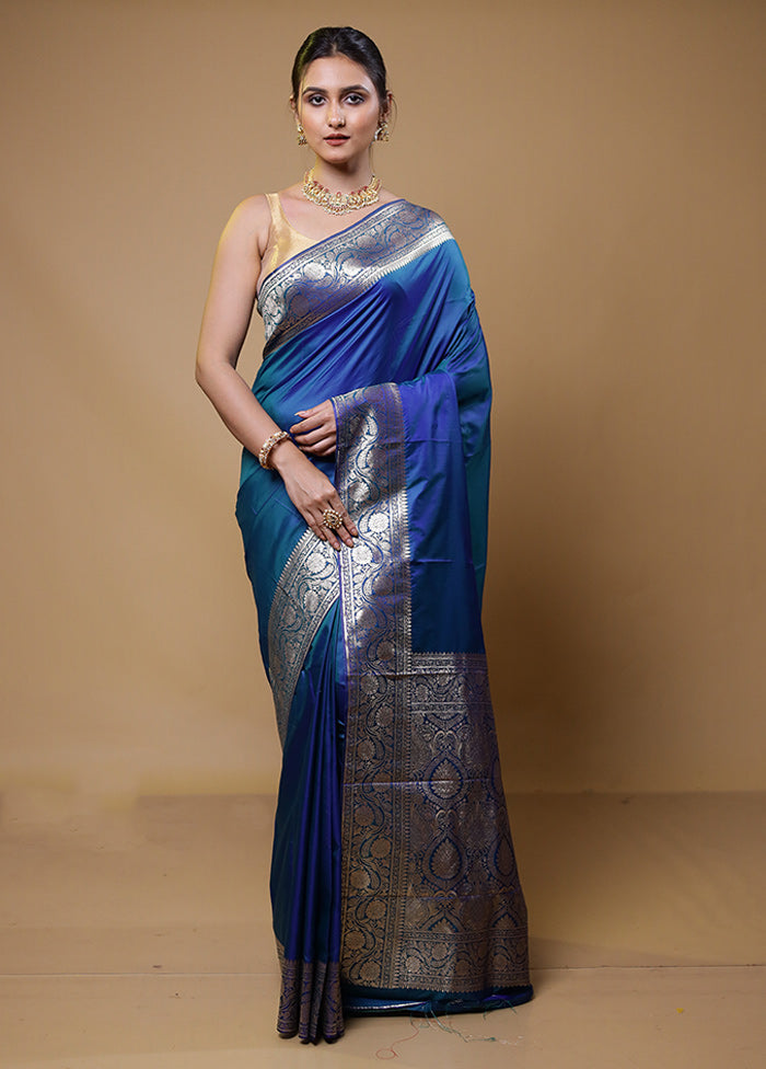 Blue Dupion Silk Saree With Blouse Piece