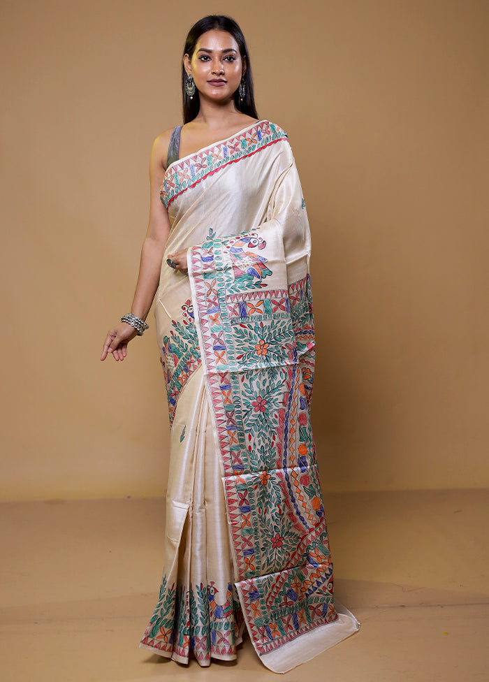 Cream Handloom Tussar Pure Silk Saree With Blouse Piece