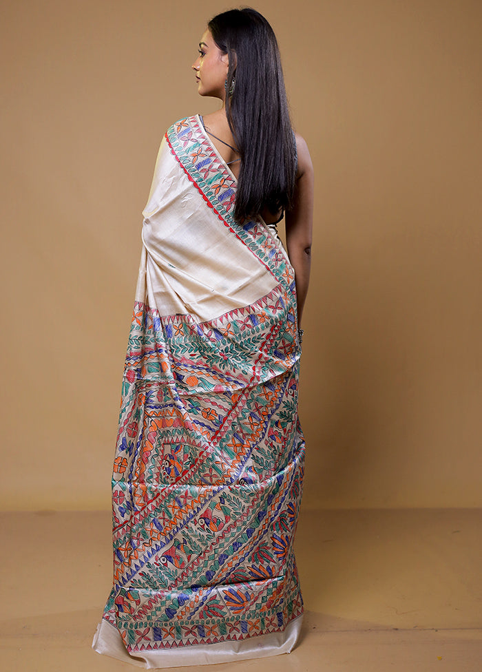 Cream Handloom Tussar Pure Silk Saree With Blouse Piece