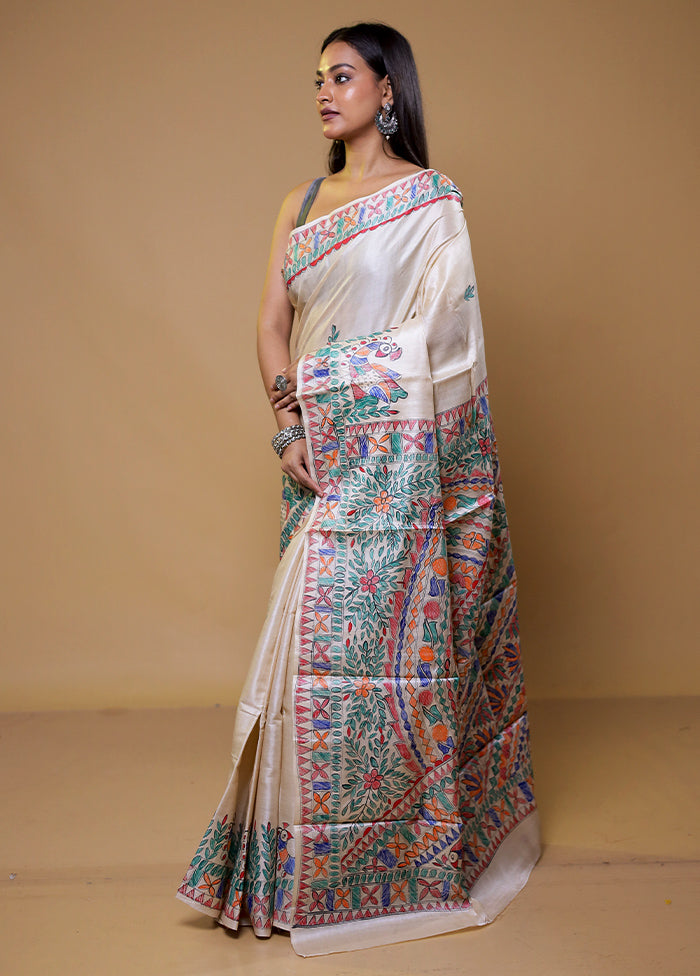 Cream Handloom Tussar Pure Silk Saree With Blouse Piece