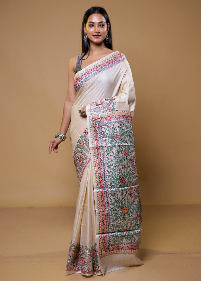 Cream Handloom Tussar Pure Silk Saree With Blouse Piece