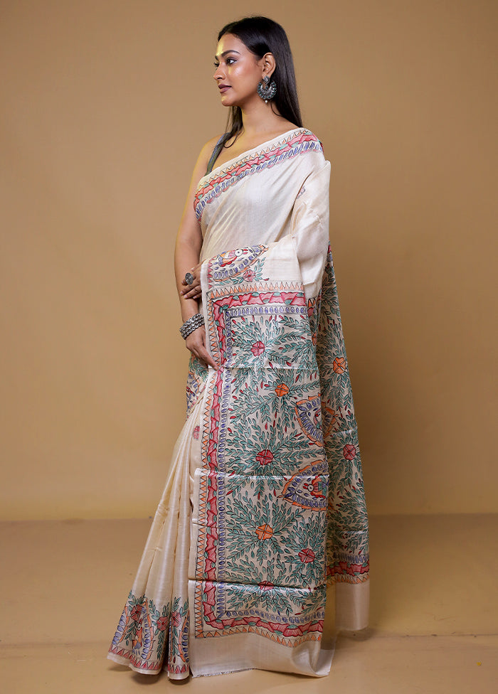 Cream Handloom Tussar Pure Silk Saree With Blouse Piece