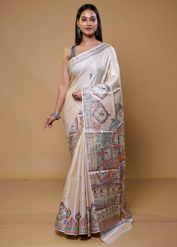 Cream Handloom Tussar Pure Silk Saree With Blouse Piece