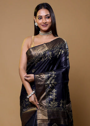 Black Handloom Tussar Pure Silk Saree With Blouse Piece