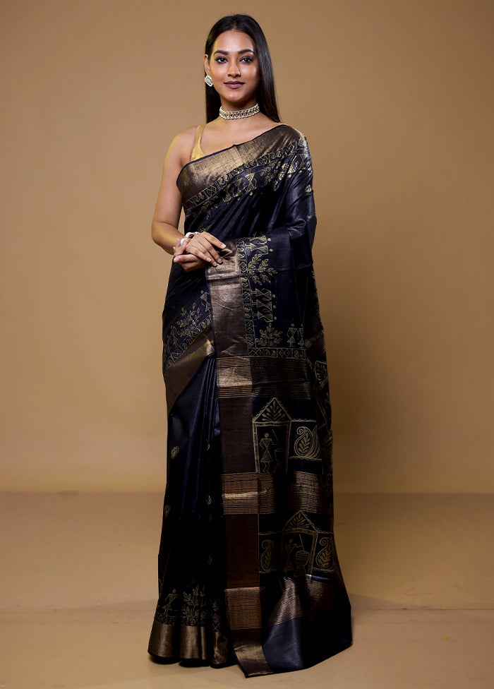 Black Handloom Tussar Pure Silk Saree With Blouse Piece