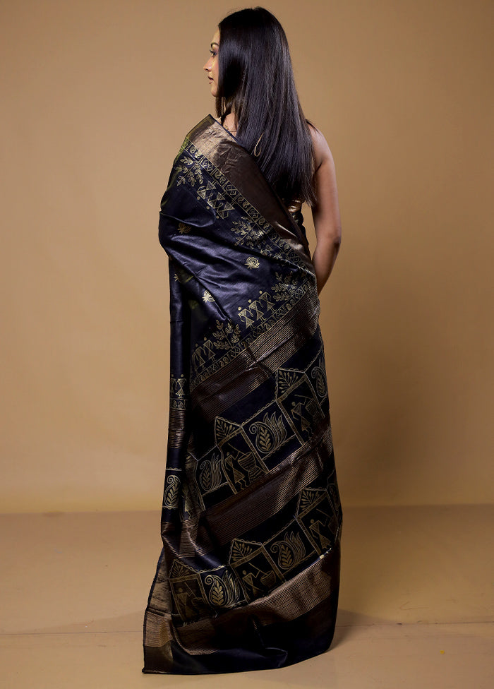 Black Handloom Tussar Pure Silk Saree With Blouse Piece