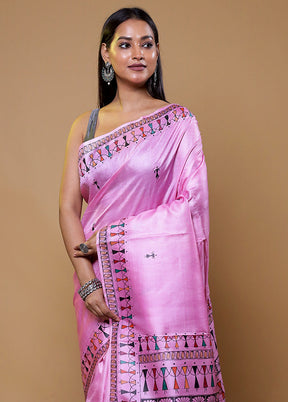 Pink Handloom Tussar Pure Silk Saree With Blouse Piece