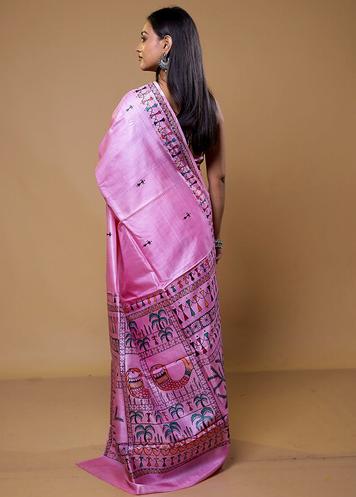 Pink Handloom Tussar Pure Silk Saree With Blouse Piece